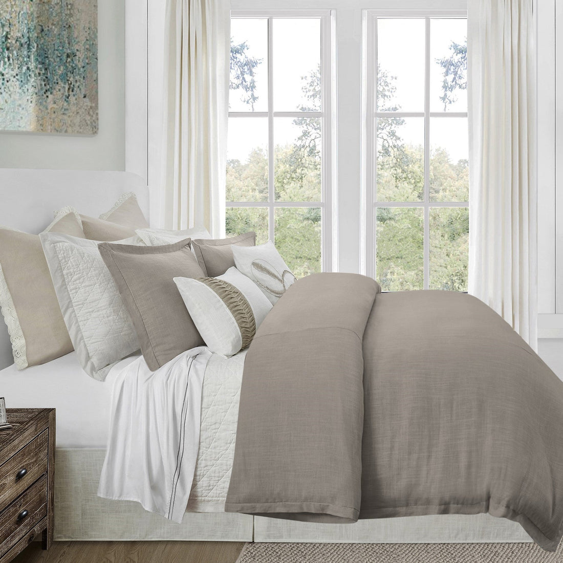 earth-toned marble comforter set styled in a Scandinavian serene master suite