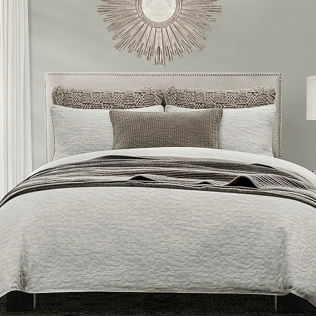 ivory solid wood duvet cover styled in a modern modern living room