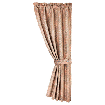 warm-toned brushed metal curtain panel styled in a mid-century minimalist entryway