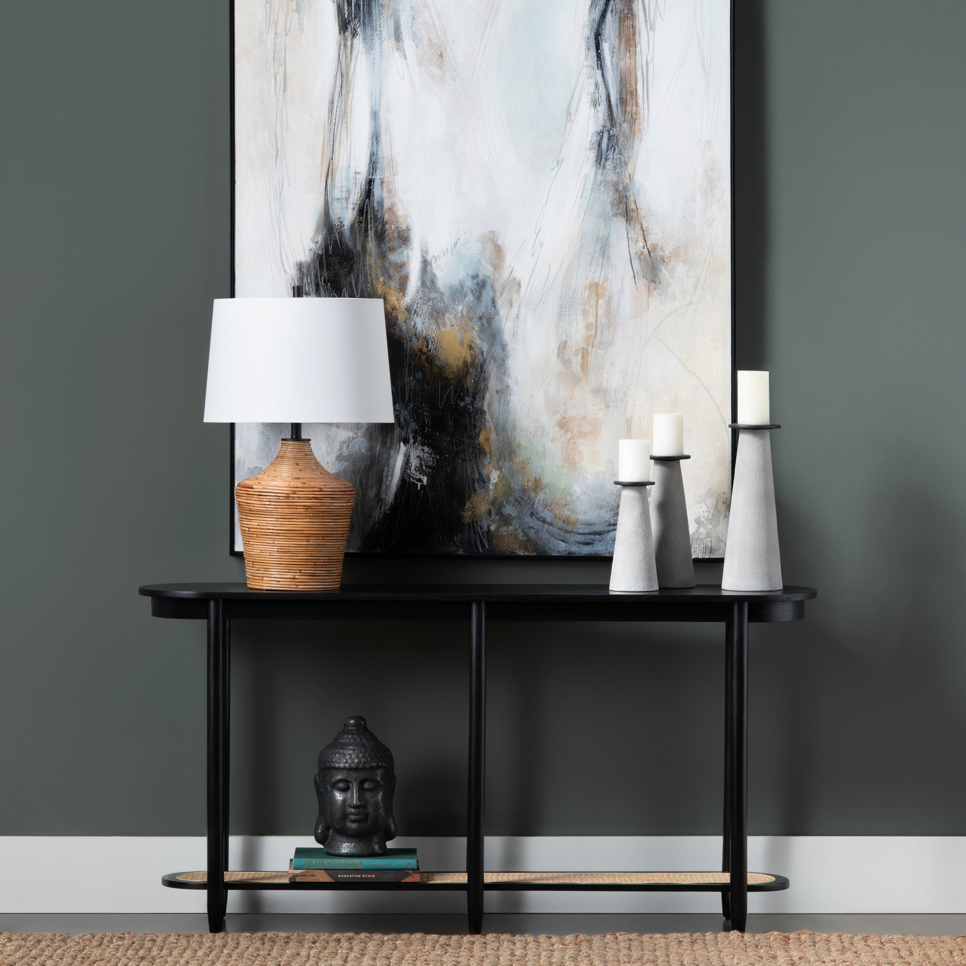 natural velvet accent table in a refined master bedroom setting