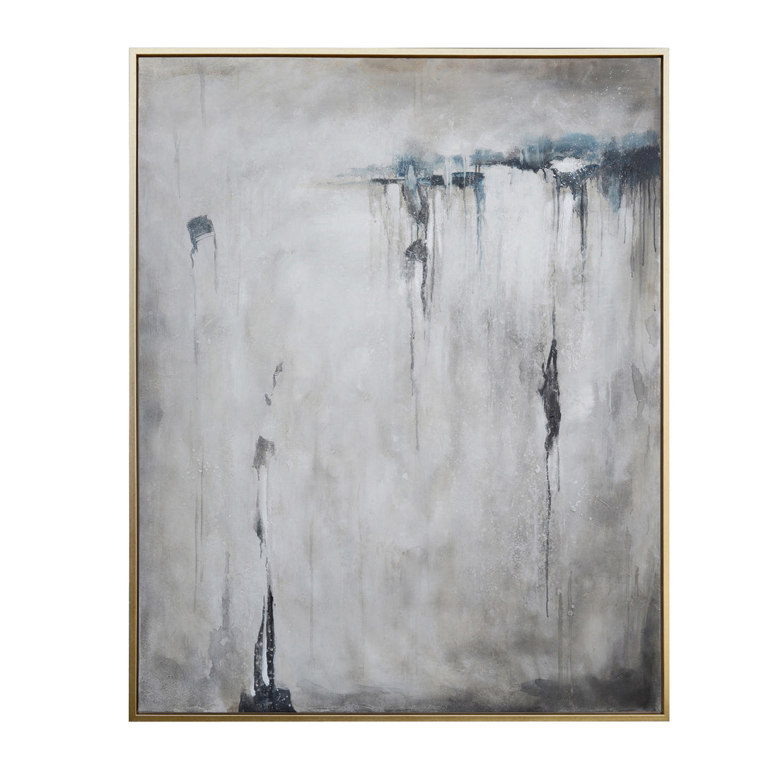 Blue and white contemporary canvas artwork displayed in a minimalist interior setting