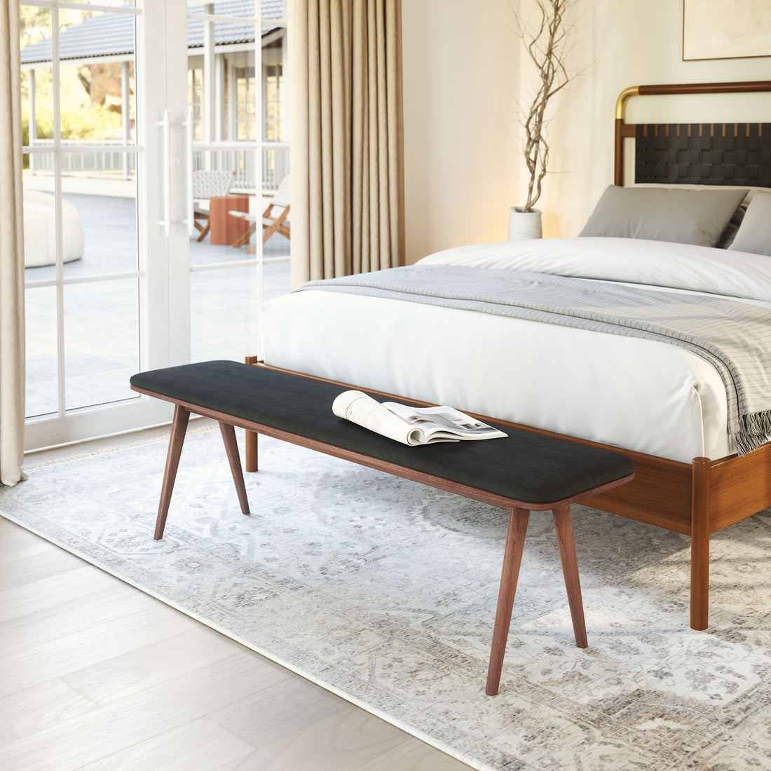 warm-toned soft accent bench in a coastal guest room setting