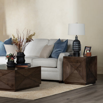 warm-toned soft accent table in a transitional living room setting