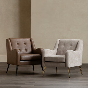 natural velvet accent chair in a coastal guest room setting