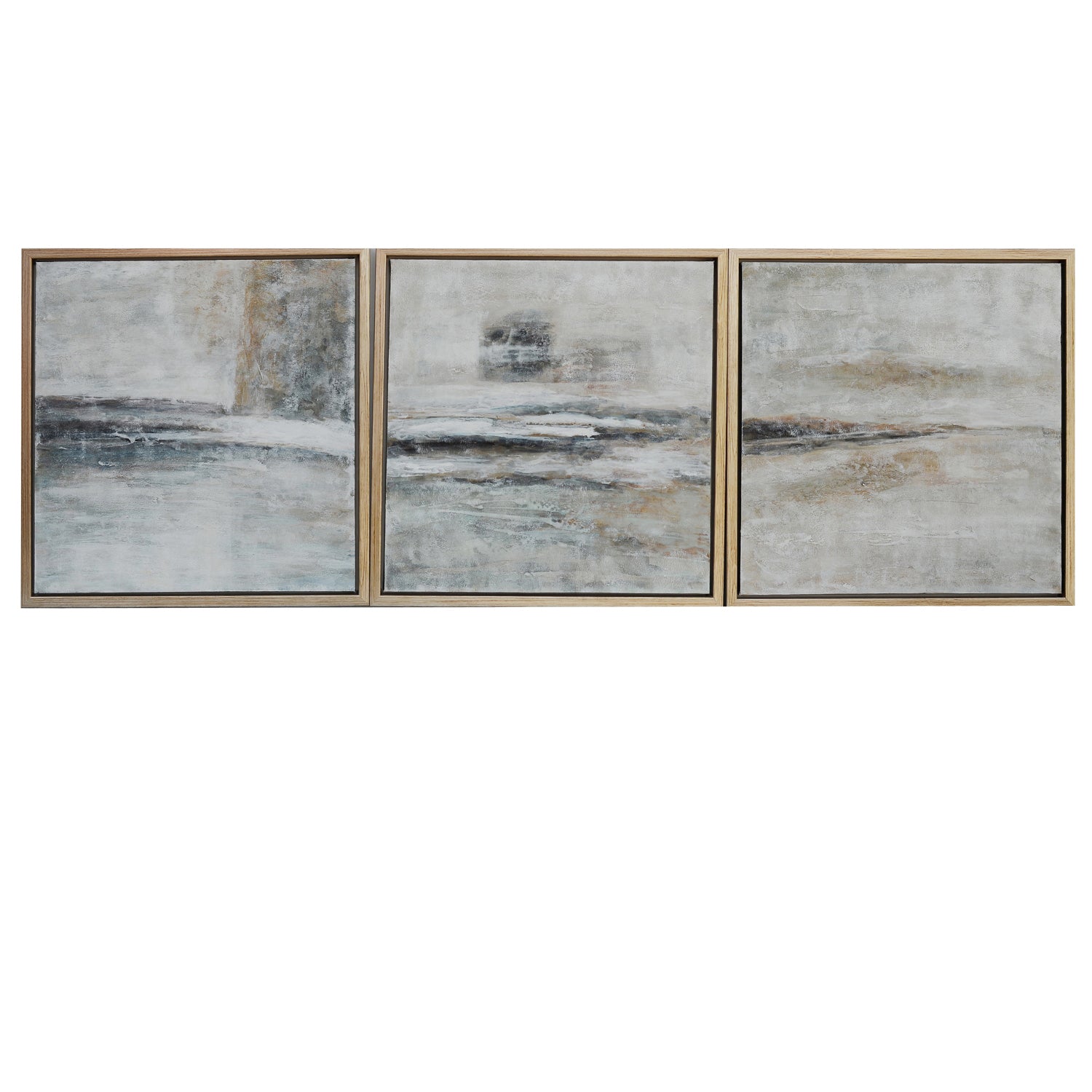 Gray and cream and muted contemporary canvas artwork displayed in a stylish entryway setting