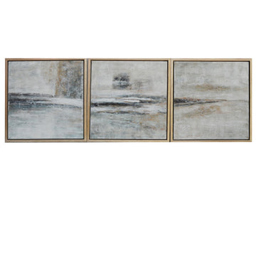 Gray and cream and muted contemporary canvas artwork displayed in a stylish entryway setting