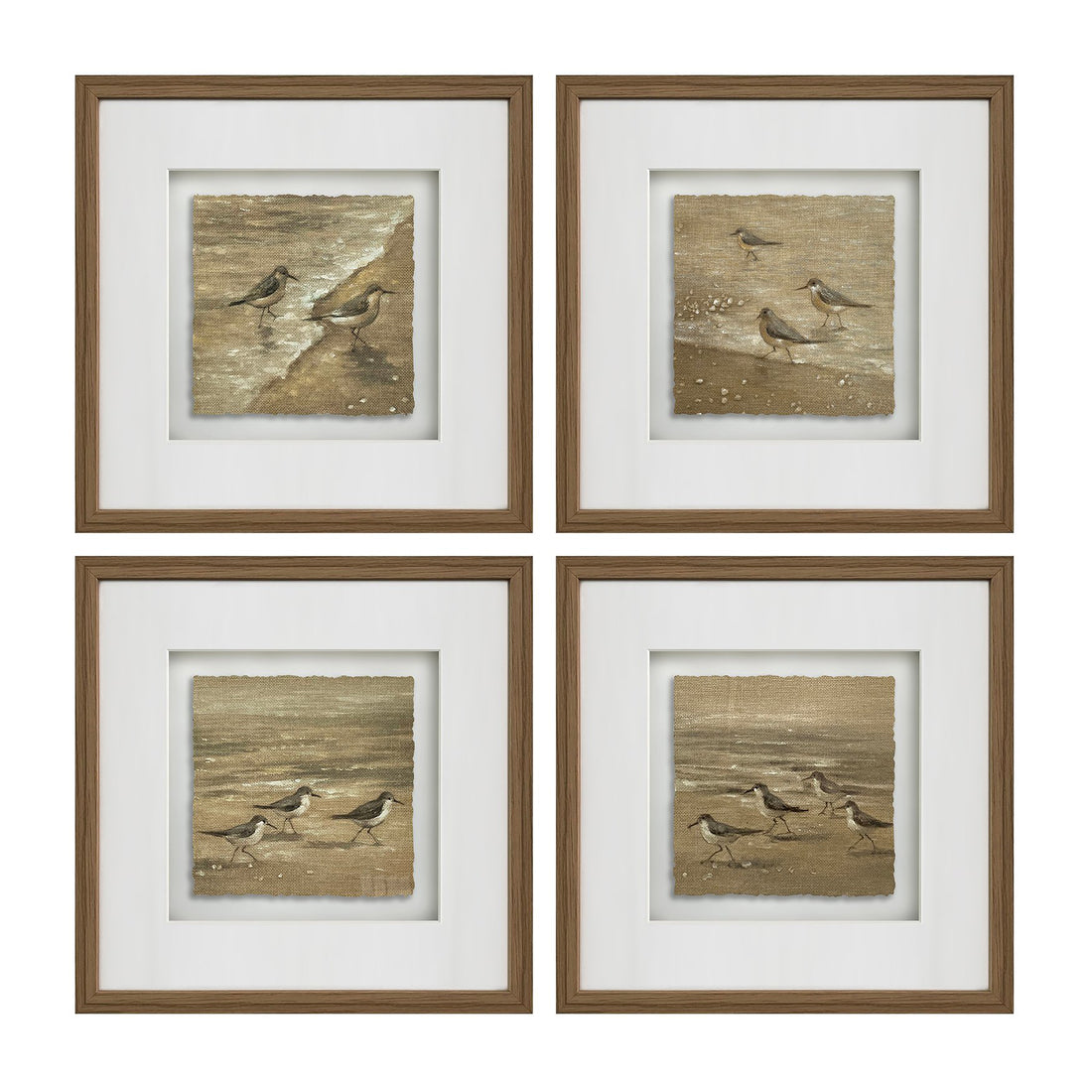 4 Piece Framed Hand Painted Mixed Media Brown Birds Wall Art styled for a transitional living room space.