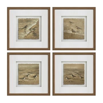 neutral-toned linen wall art in a coastal guest room setting