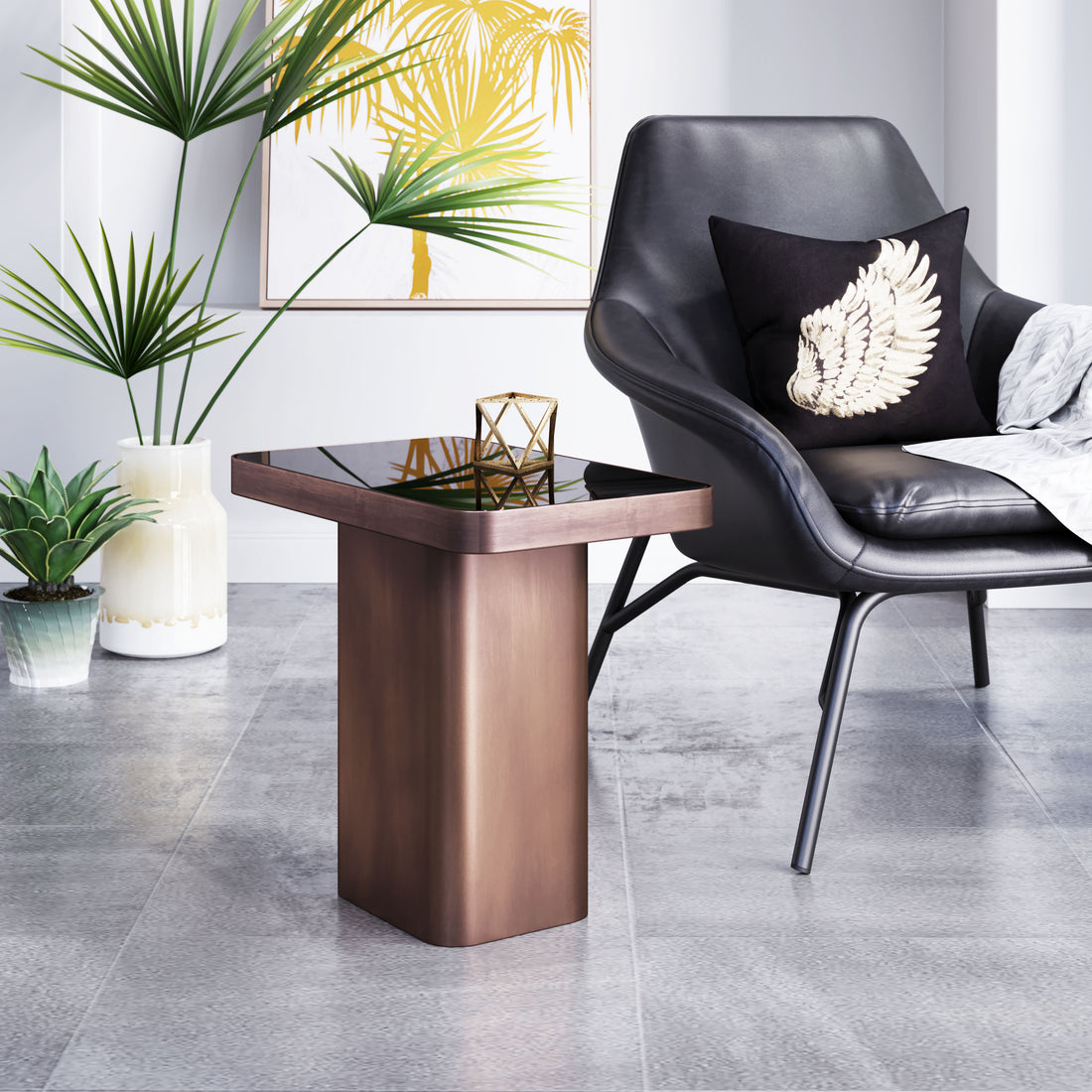 white brushed accent table in a minimalist dining room setting