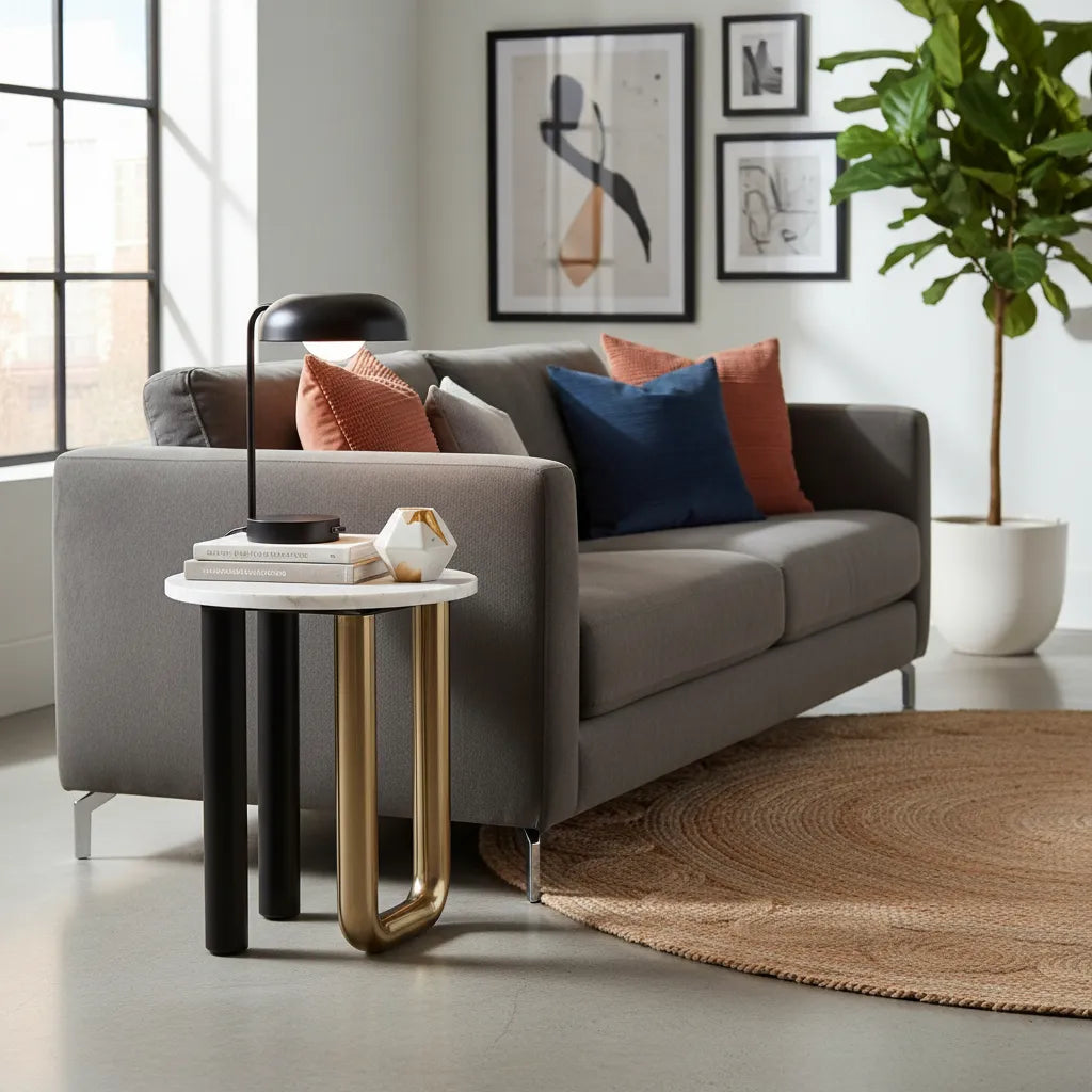 Gray sofa with colorful cushions with elyn side table multicolor in a modern living room setting.