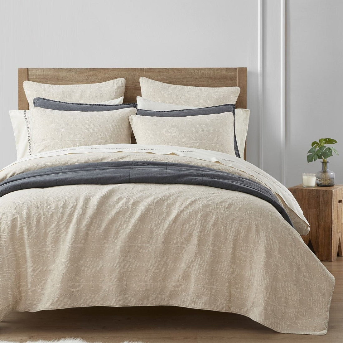 walnut linen duvet cover styled in a coastal elegant dining room