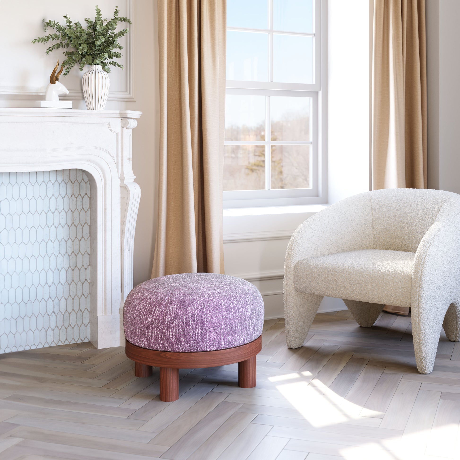 beige plush ottoman in a transitional living room setting