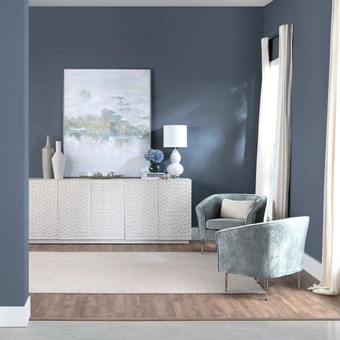 gray canvas home décor piece in a refined master bedroom setting