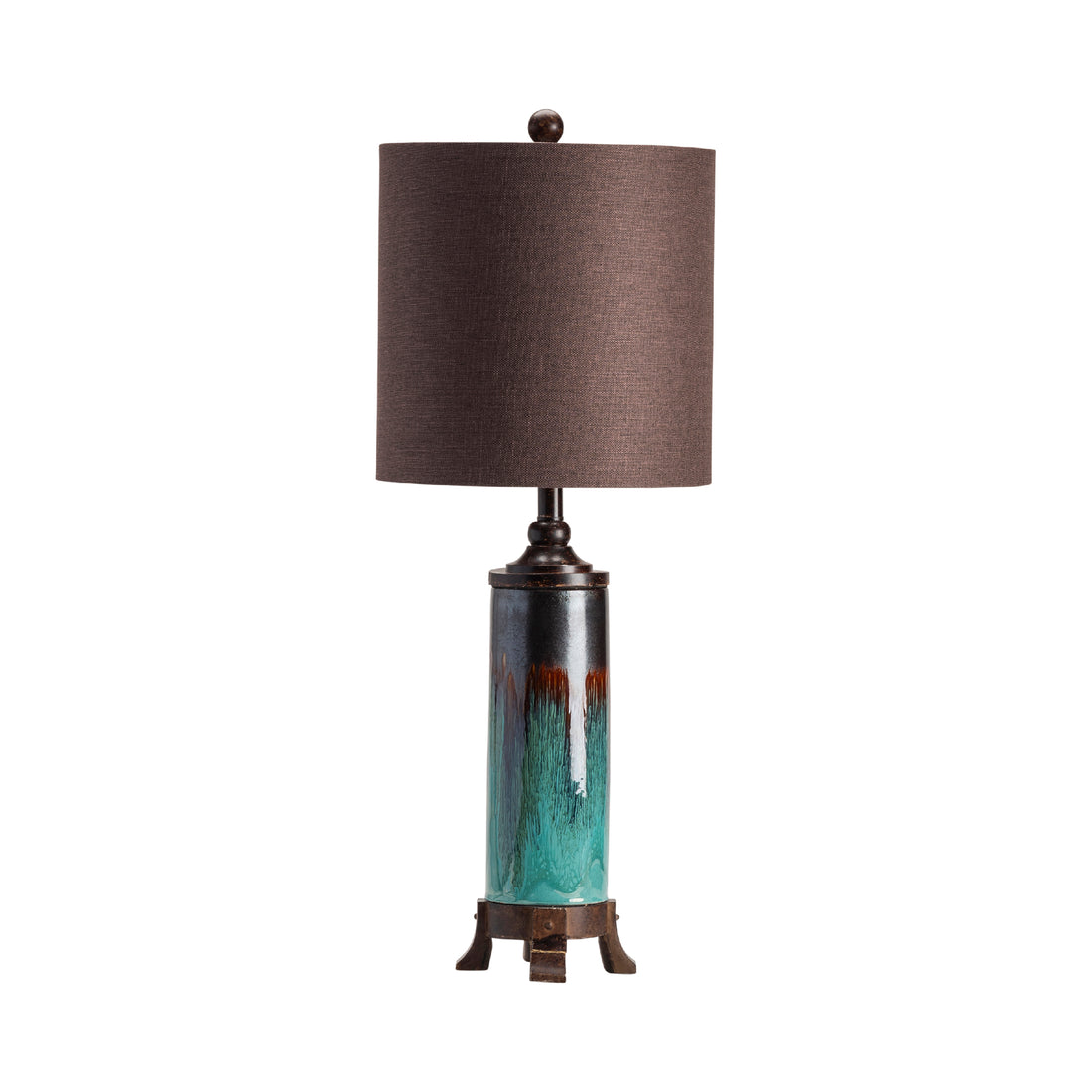 earth-toned fabric table lamp in a classic entryway setting