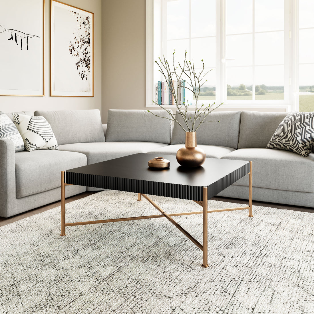 beige plush accent table in a farmhouse contemporary bedroom setting