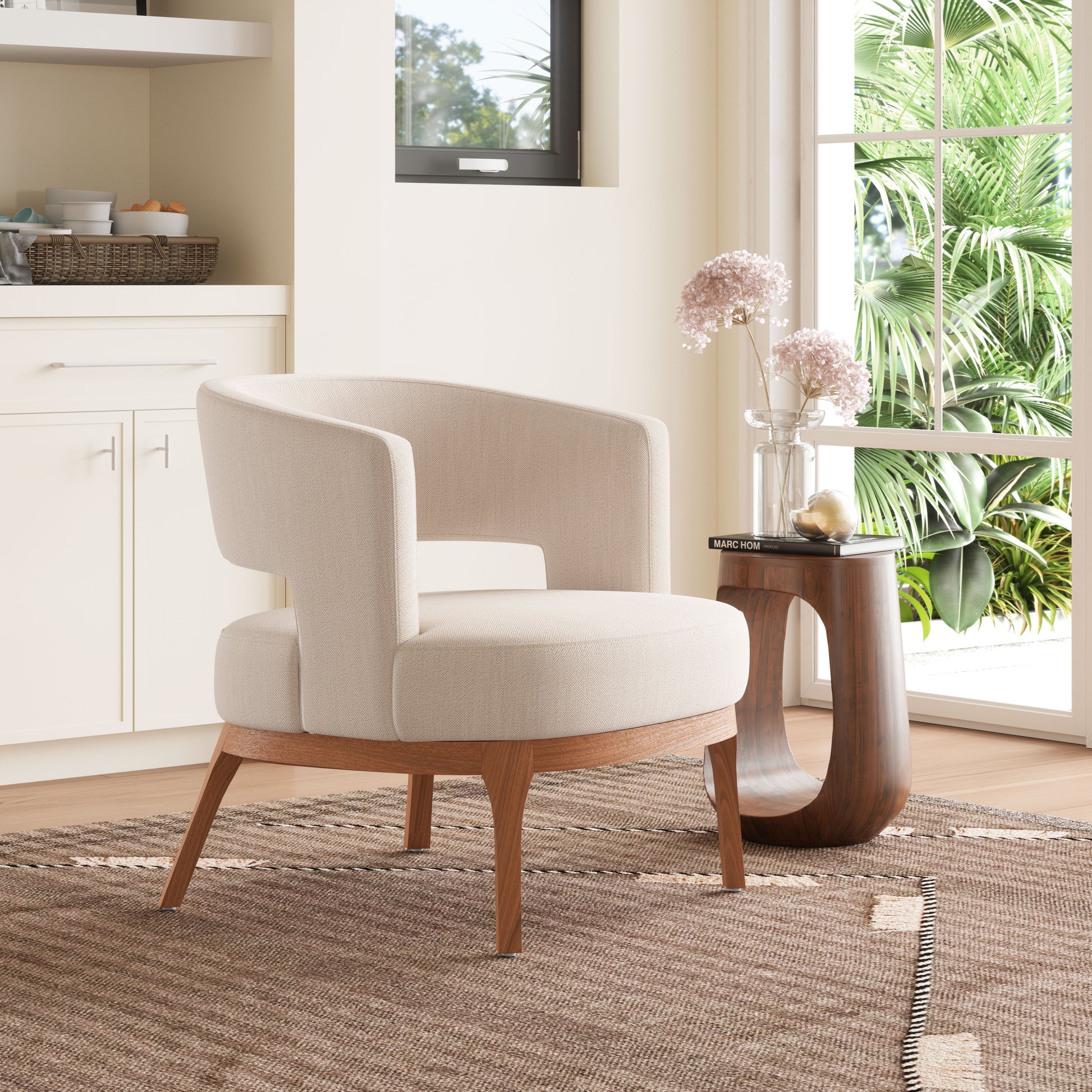 ivory cotton accent chair in a transitional living room setting