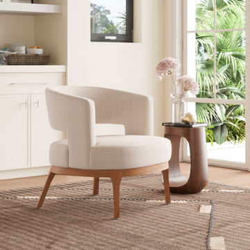 ivory cotton accent chair in a transitional living room setting