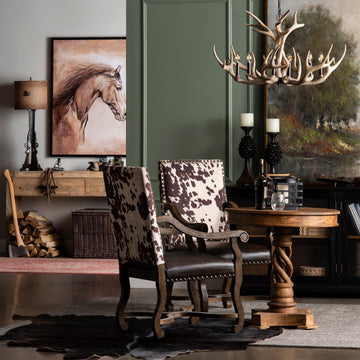 earth-toned fabric accent chair in a elegant modern bedroom setting