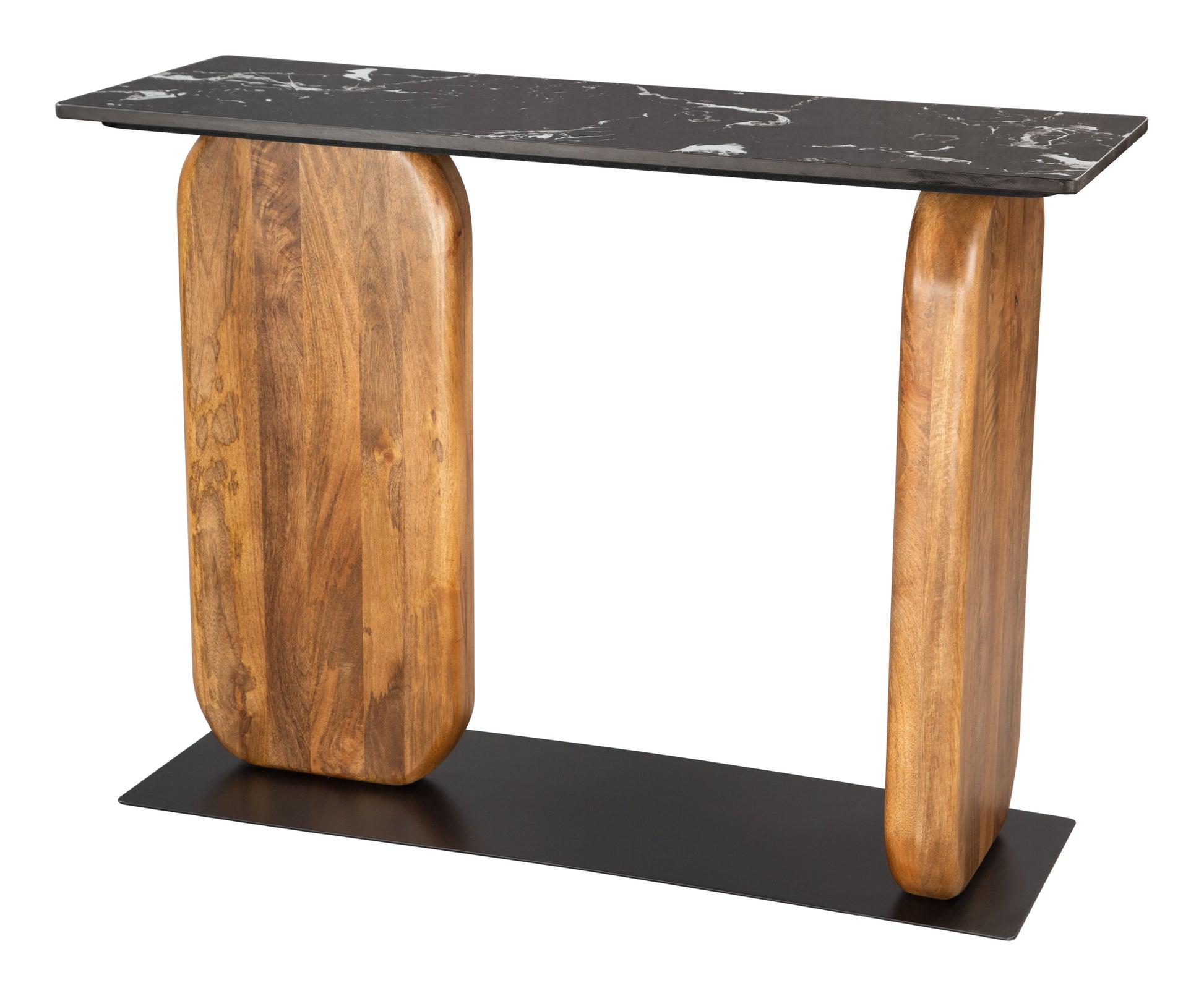 natural wood solid wood console table styled in a farmhouse chic modern living room