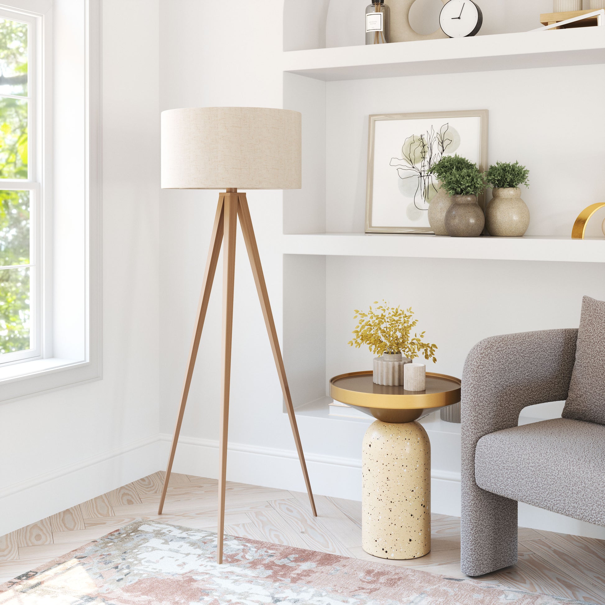charcoal textured table lamp in a farmhouse contemporary bedroom setting