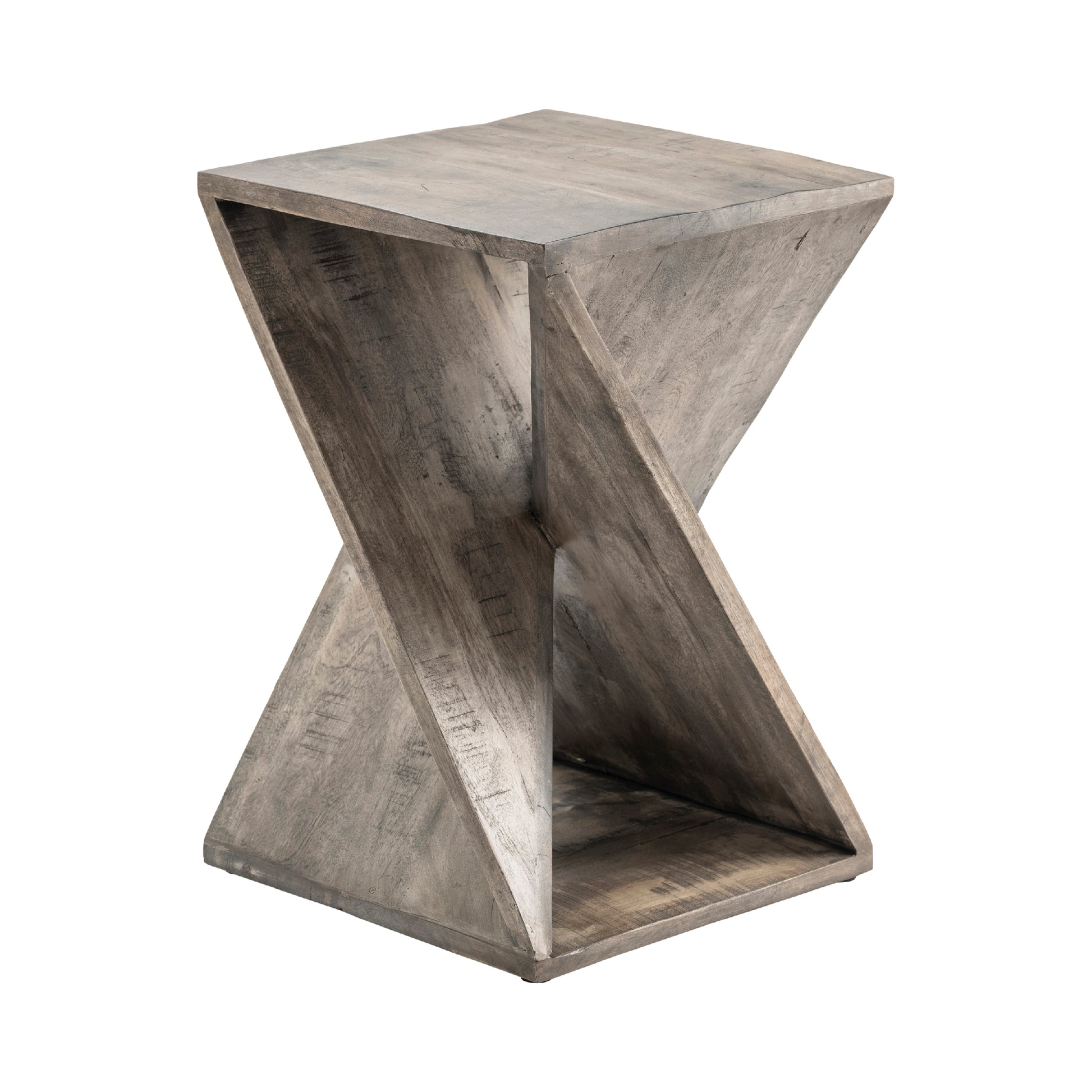 gray canvas accent table in a minimalist dining room setting