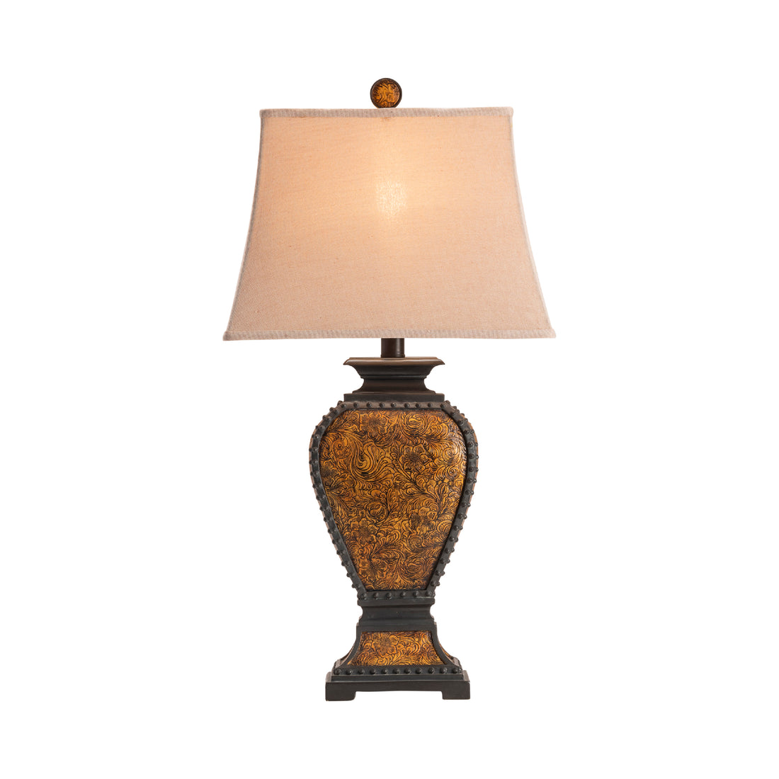 earth-toned fabric table lamp in a elegant modern bedroom setting