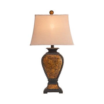 earth-toned fabric table lamp in a elegant modern bedroom setting