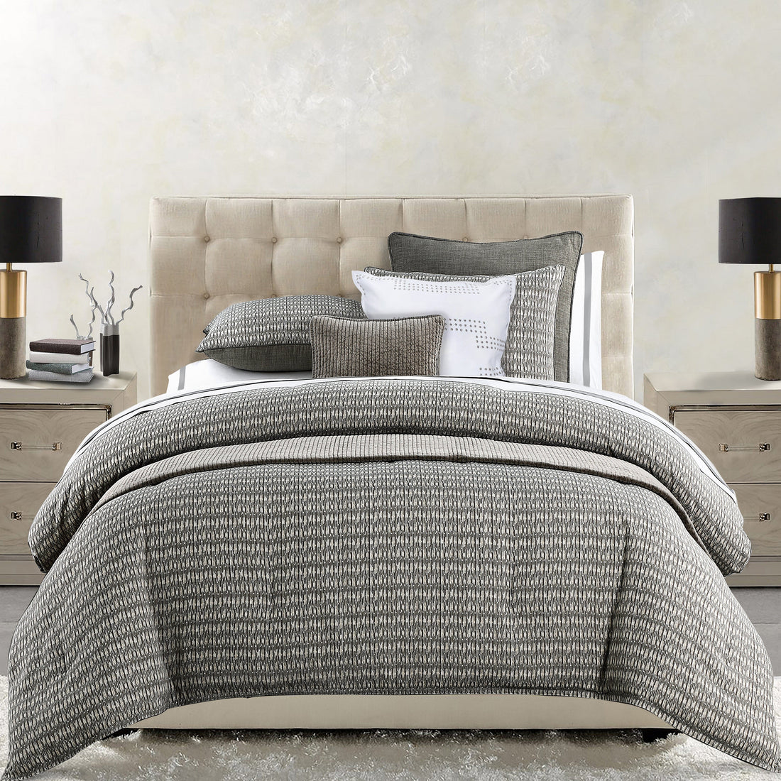 rustic brown marble comforter set styled in a Scandinavian serene master suite