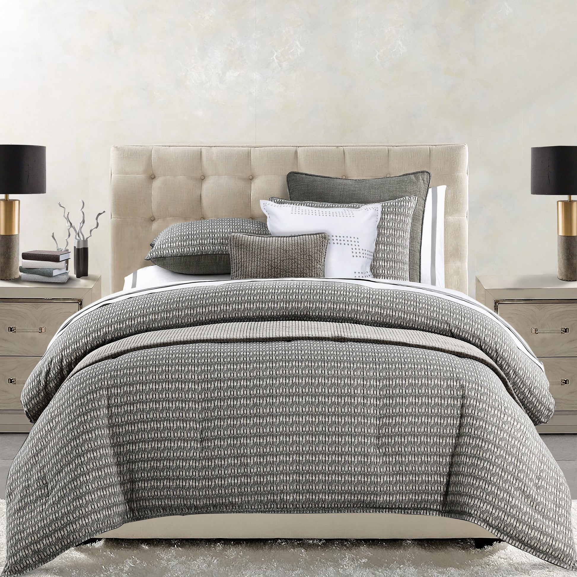 rustic brown marble comforter set styled in a Scandinavian serene master suite
