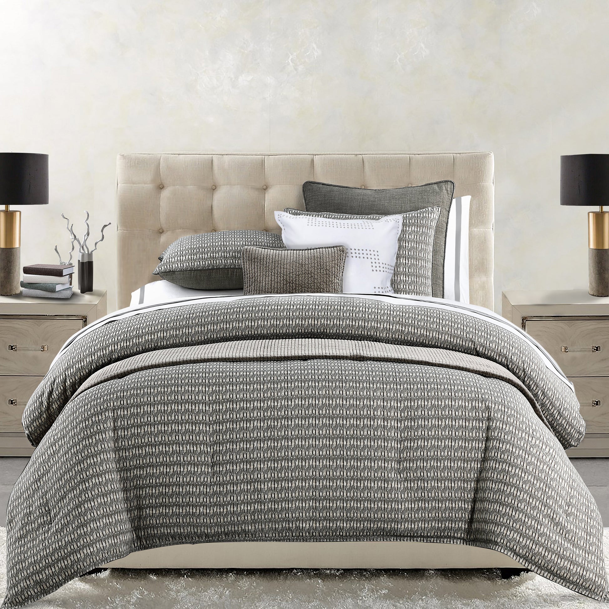 charcoal brushed metal duvet cover styled in a contemporary minimalist entryway