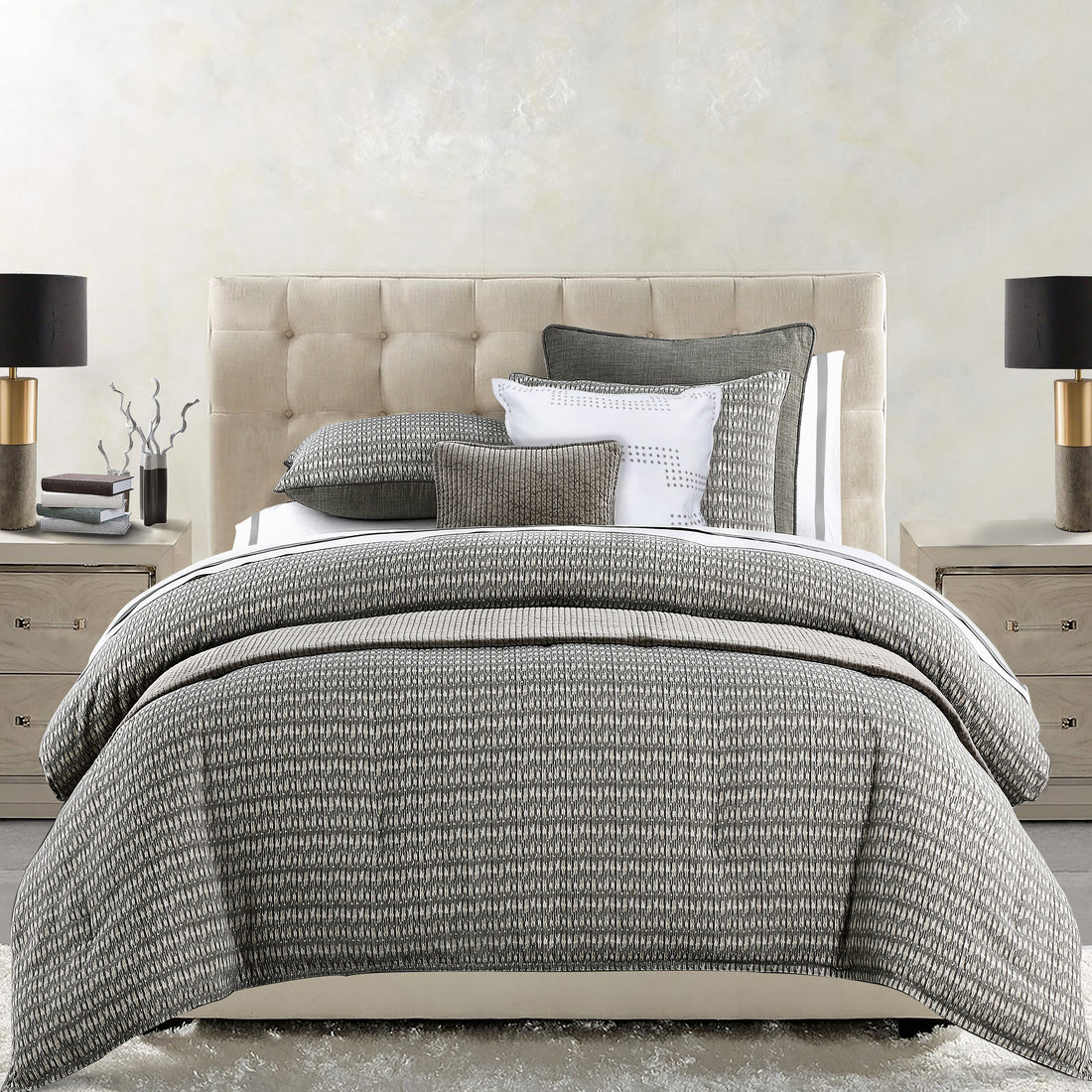 walnut linen duvet cover styled in a coastal elegant dining room