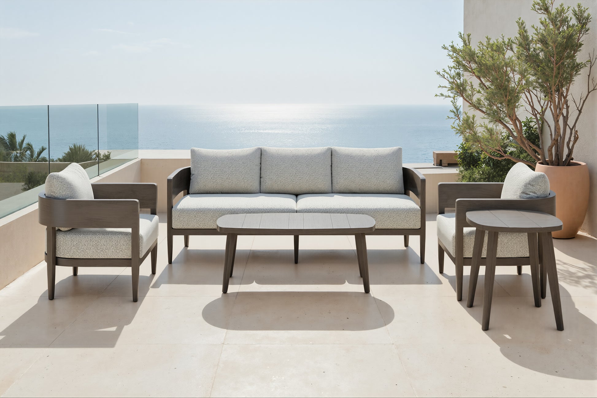 Foret Armchair Beige styled for a transitional patio space.