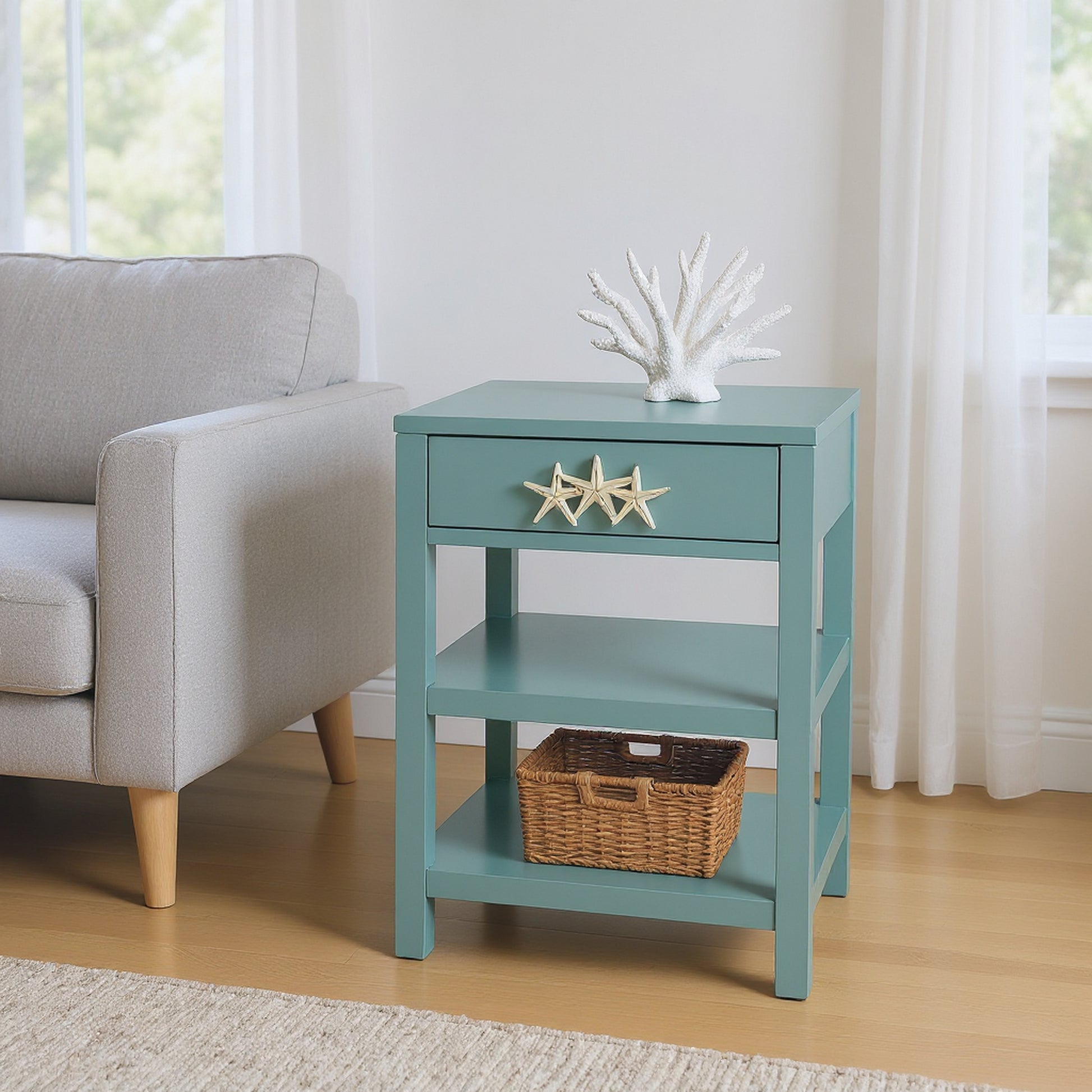 natural velvet accent table in a modern bedroom setting