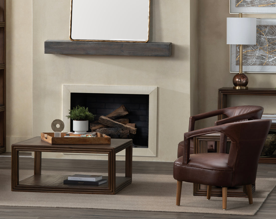 ivory cotton accent table in a transitional living room setting