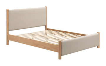natural wood solid wood bed frame styled in a modern modern living room