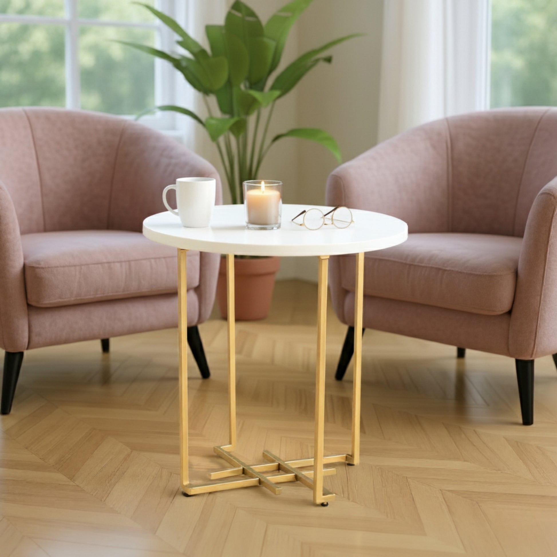 gray canvas accent table in a classic entryway setting