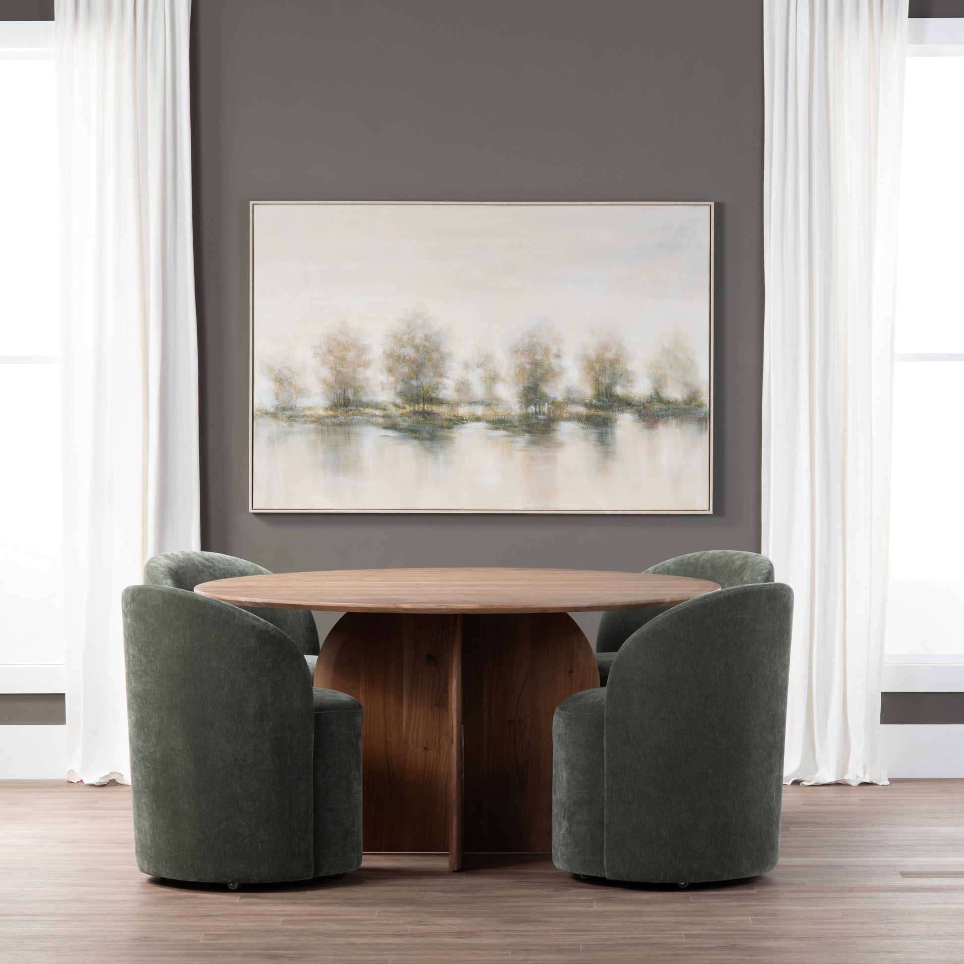 cream woven accent table in a coastal guest room setting