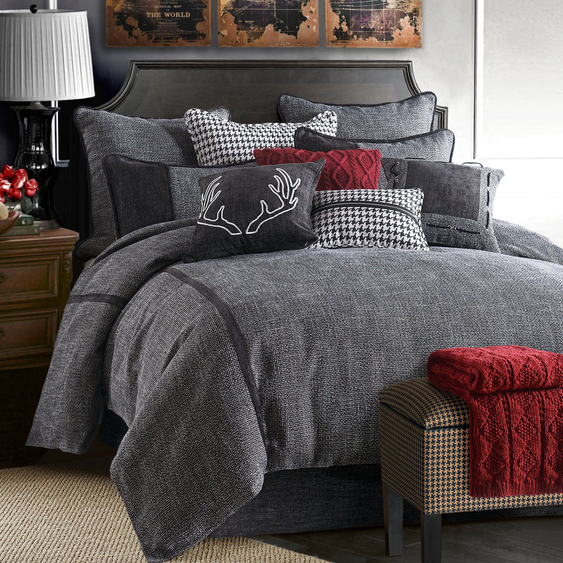charcoal brushed metal comforter set styled in a mid-century minimalist entryway