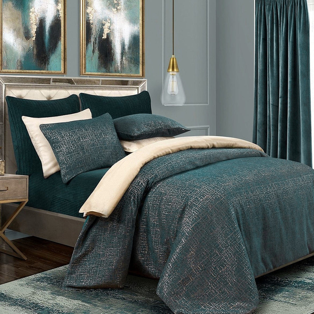 warm-toned brushed metal comforter set styled in a contemporary minimalist entryway