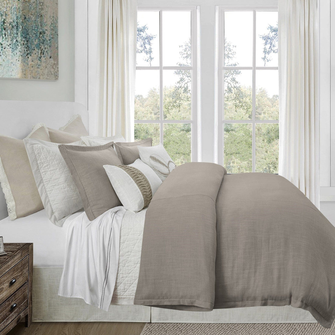 oak marble duvet cover styled in a Scandinavian serene master suite