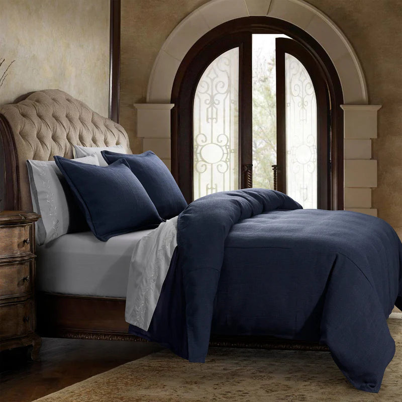 oak marble duvet cover styled in a transitional serene master suite