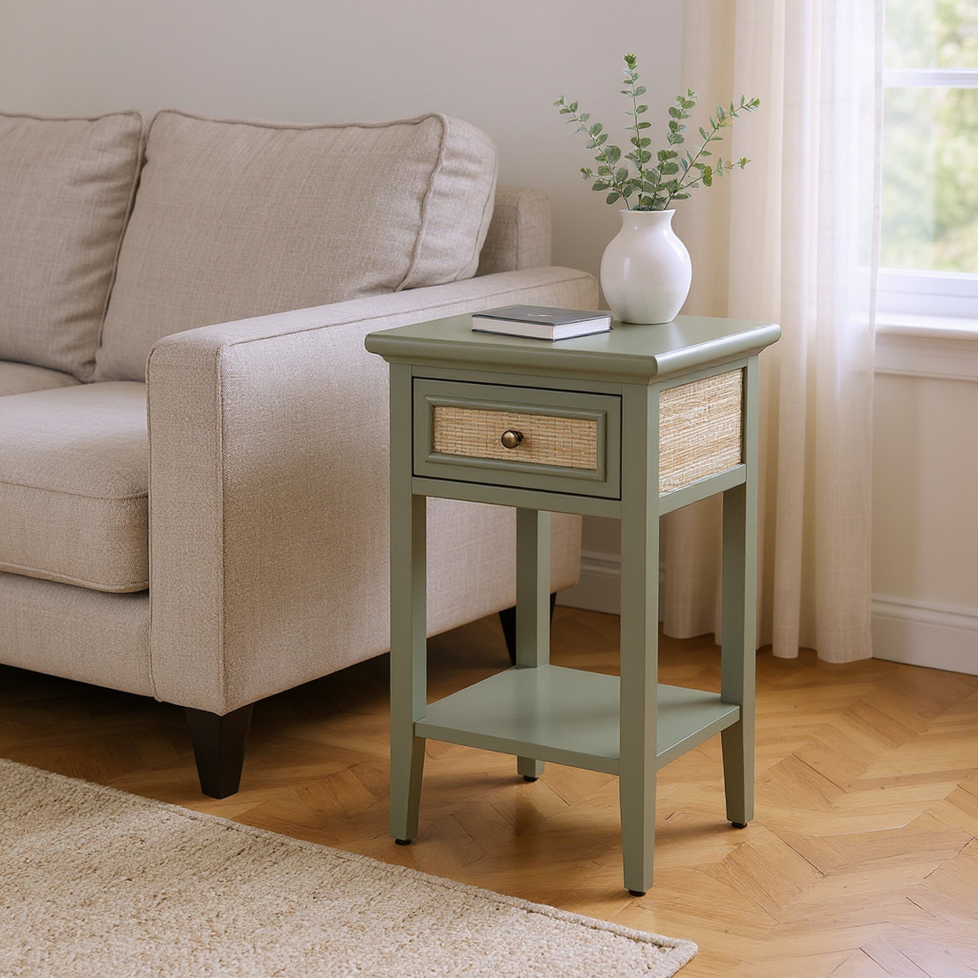charcoal textured accent table in a transitional living room setting