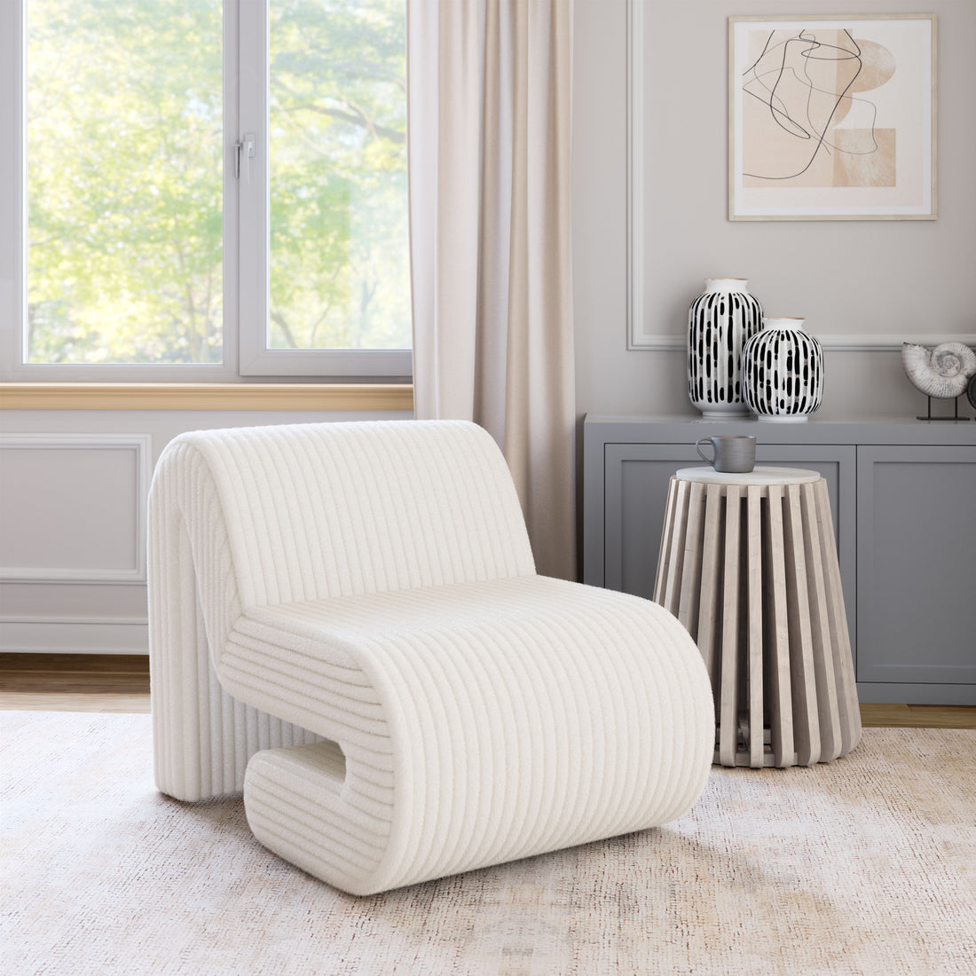 neutral-toned linen accent chair in a refined master bedroom setting