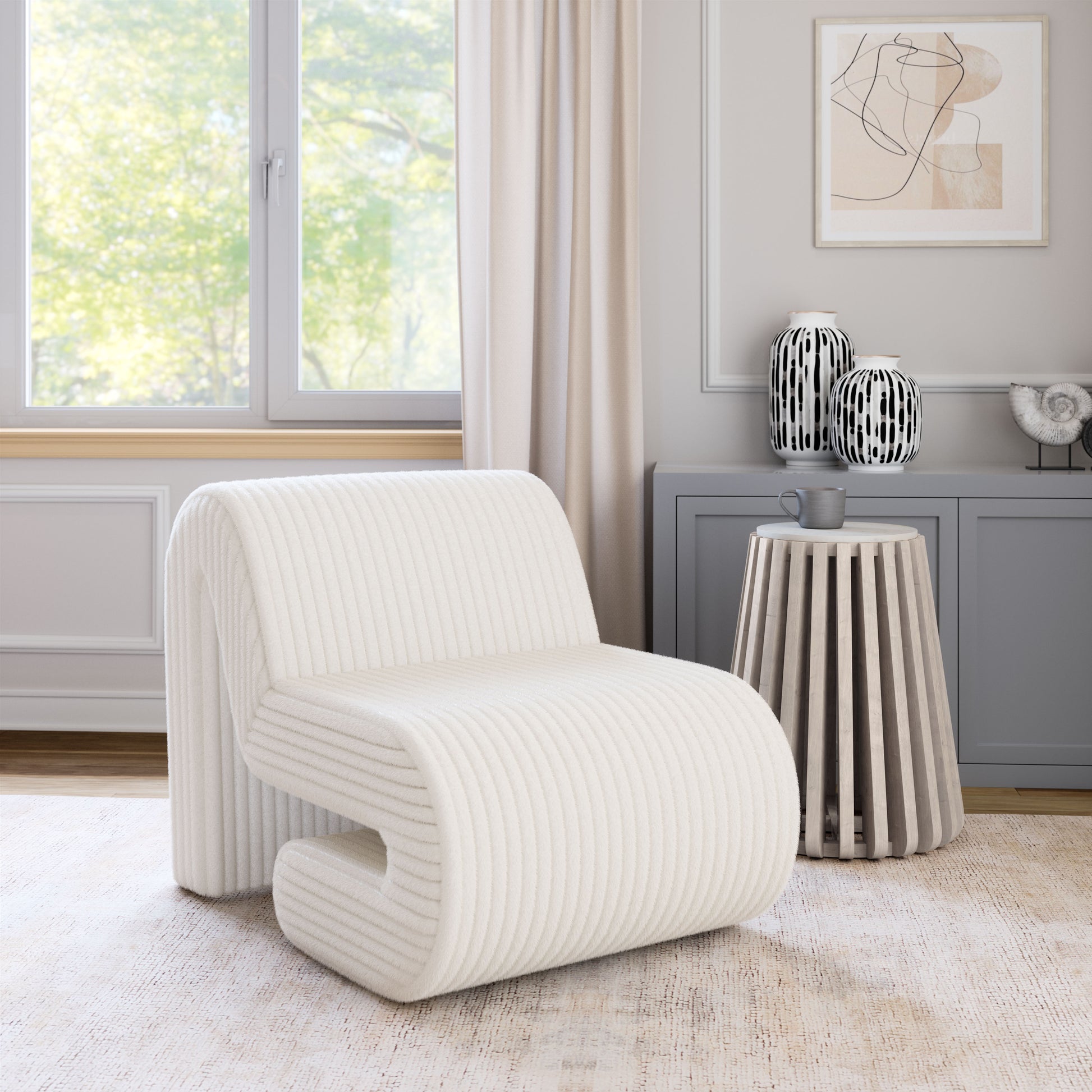 neutral-toned linen accent chair in a refined master bedroom setting