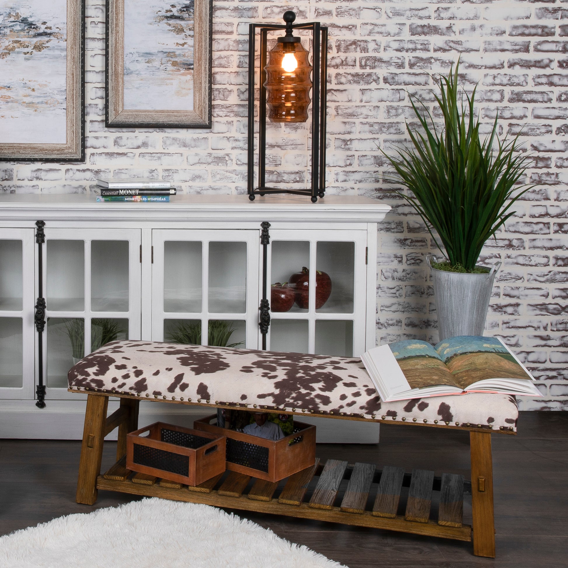 neutral-toned linen accent bench in a transitional living room setting