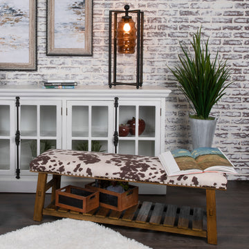 neutral-toned linen accent bench in a transitional living room setting