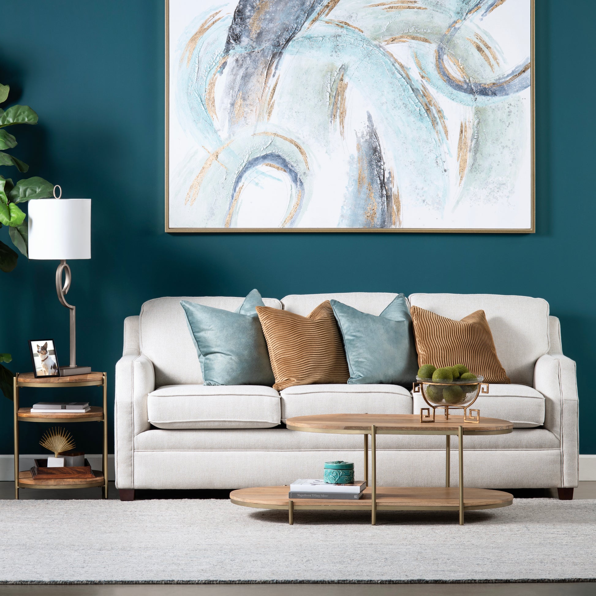 ivory cotton accent table in a elegant modern bedroom setting