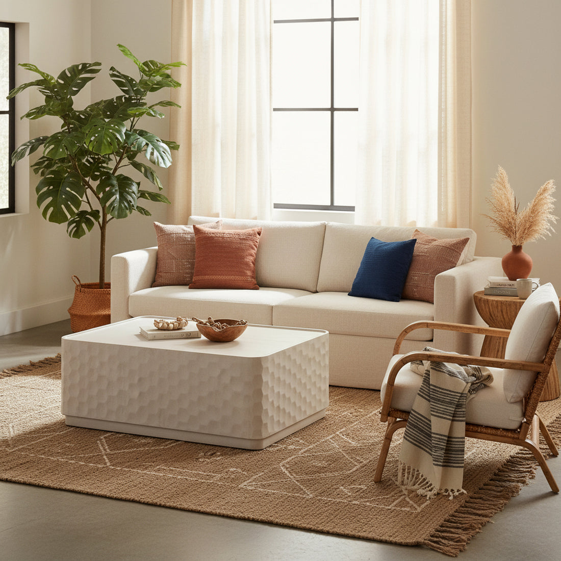 neutral-toned linen accent table in a refined master bedroom setting