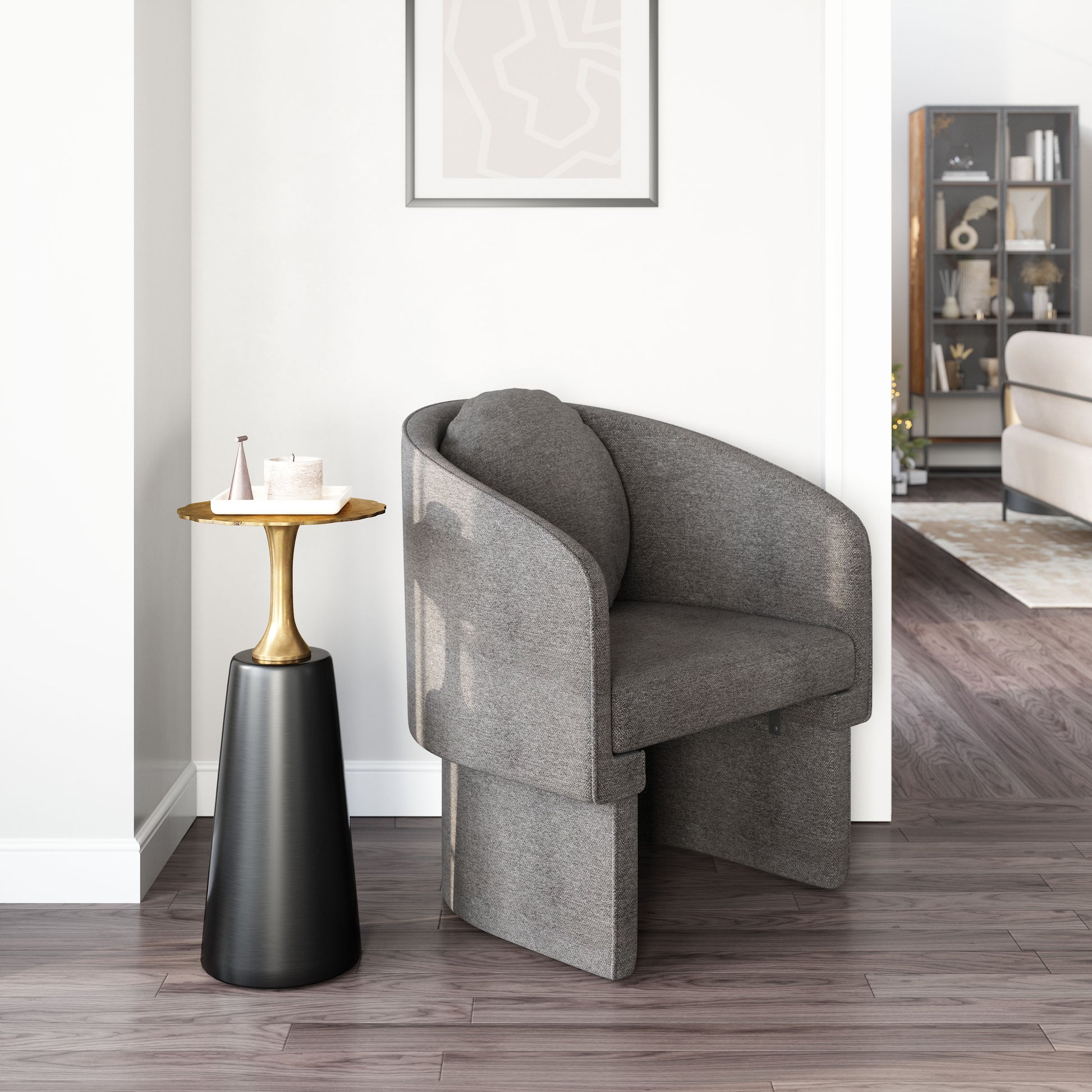 natural velvet accent chair in a coastal guest room setting