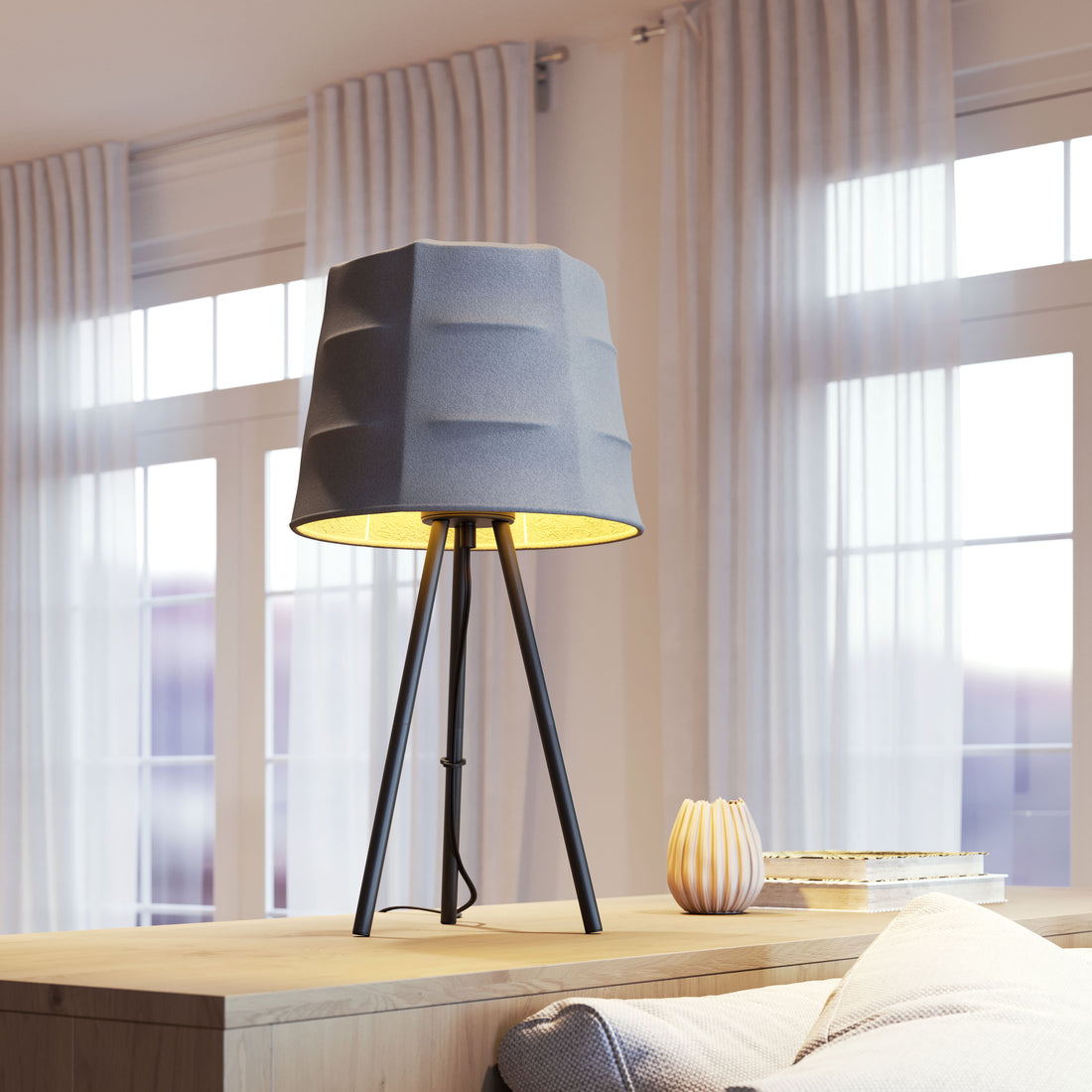 gray canvas table lamp in a refined master bedroom setting